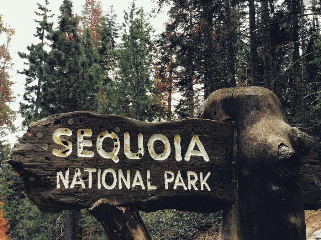Rustic wooden sign at Sequoia National Park entrance surrounded by forest.